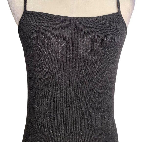Vintage 90s Esprit Ribbed Knit Mini Dress M Black Metallic Spaghetti Straps - Picture 3 of 9
